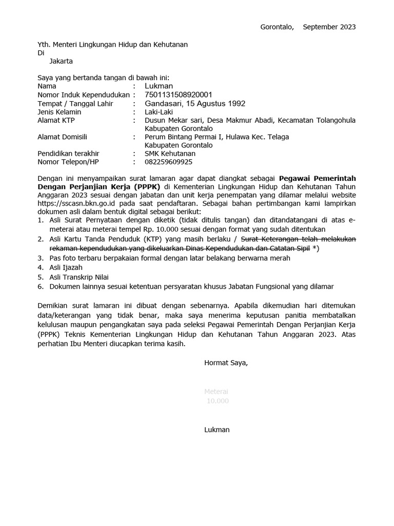 Surat Lamaran PPPK Teknis KLHK Ta 2023 | PDF