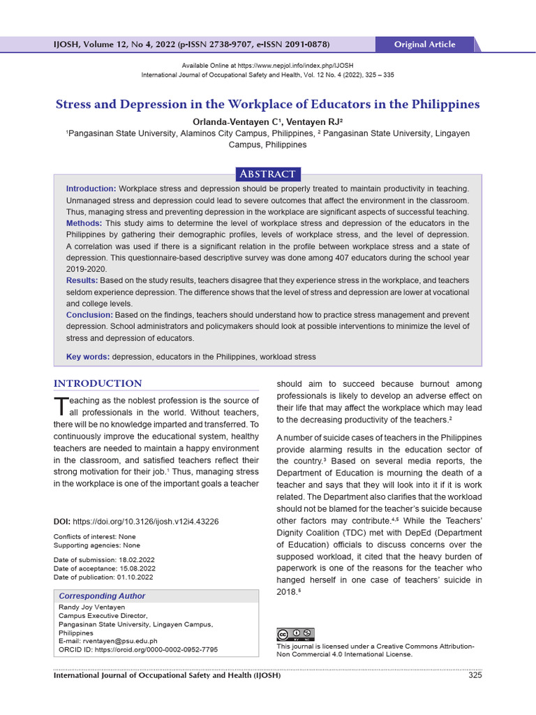Stress and Depression in the Workplace of Educators in the Philippines ...