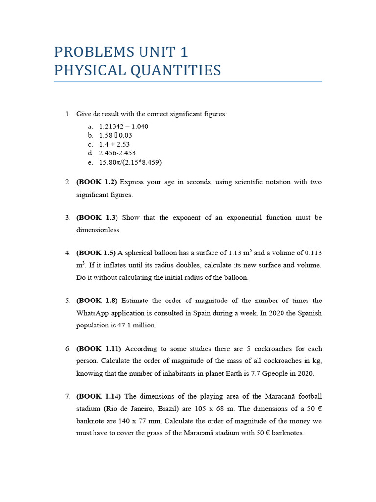 Physical Quantities Problem Set | PDF