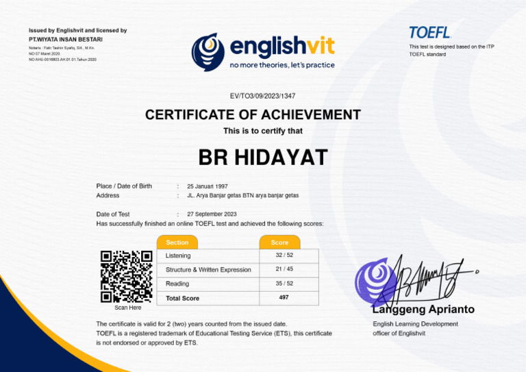 Englishvit Online Toefl Test 3 Certificate PDF