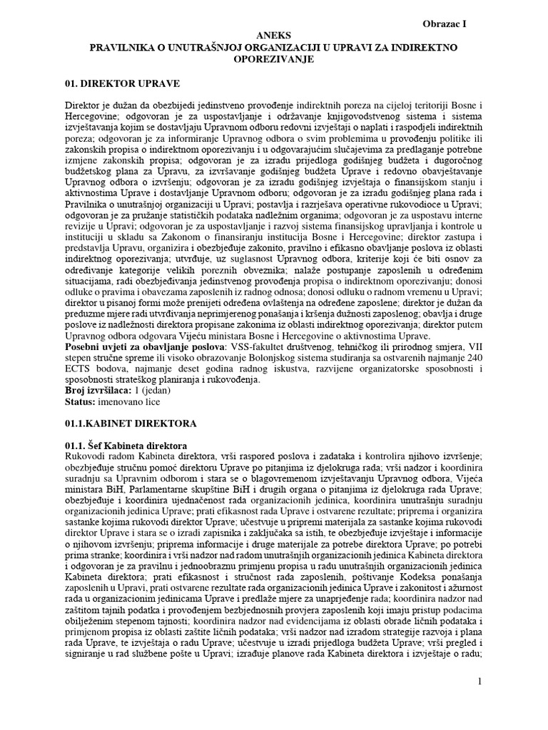 B 15 1 Obrazac I SISTEMATIZACIJA RADNIH MJESTA UIO | PDF