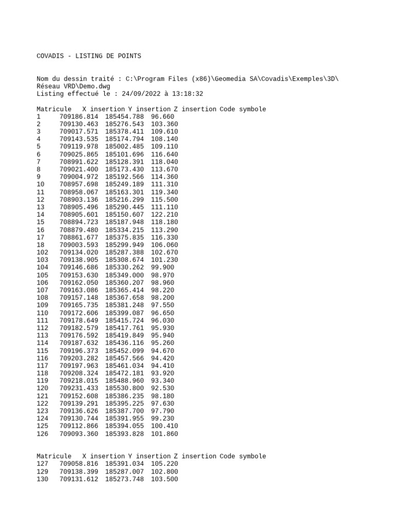 Listing des points COVADIS VRD 3D | PDF