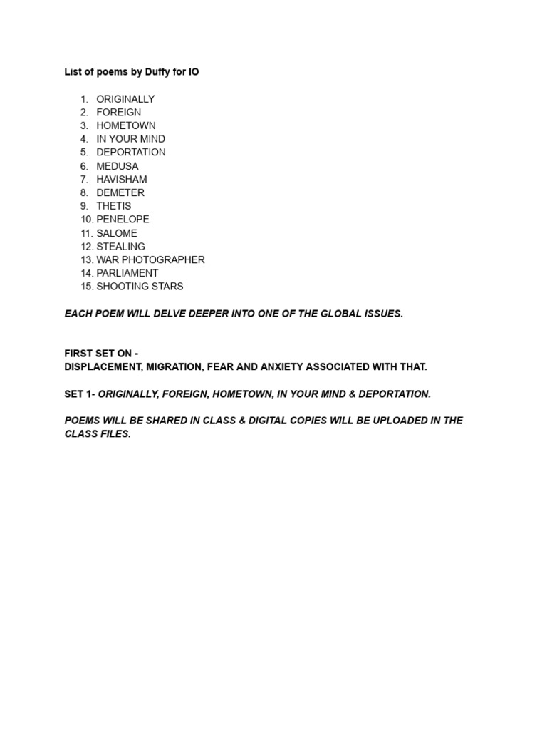 List Of Poems By Duffy For Io Pdf