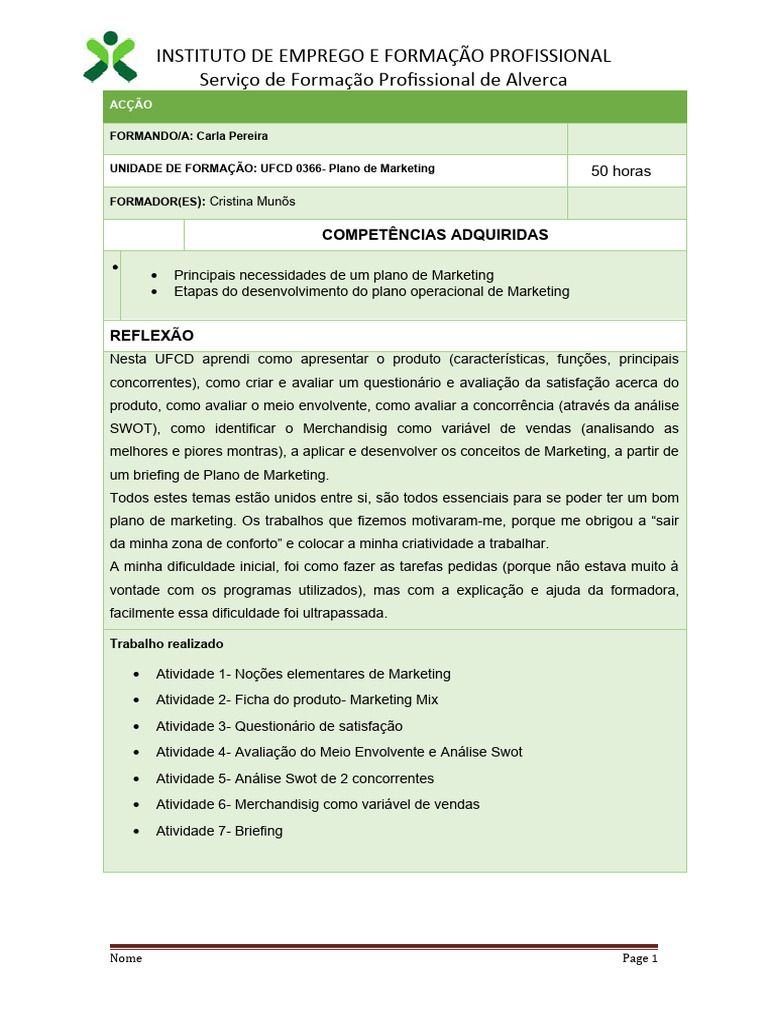 Reflexão UFCD 0366 Plano de Marketing | PDF