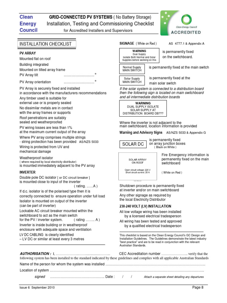 CEC Solar Installation Checklist Guide | PDF