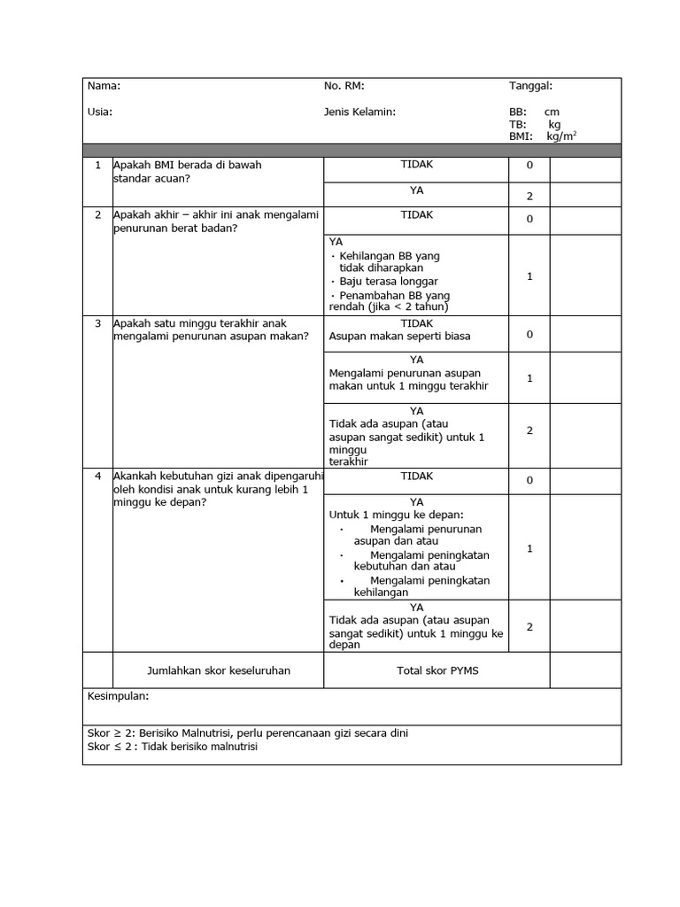 PYMS Screening Tool for Malnutrition | PDF