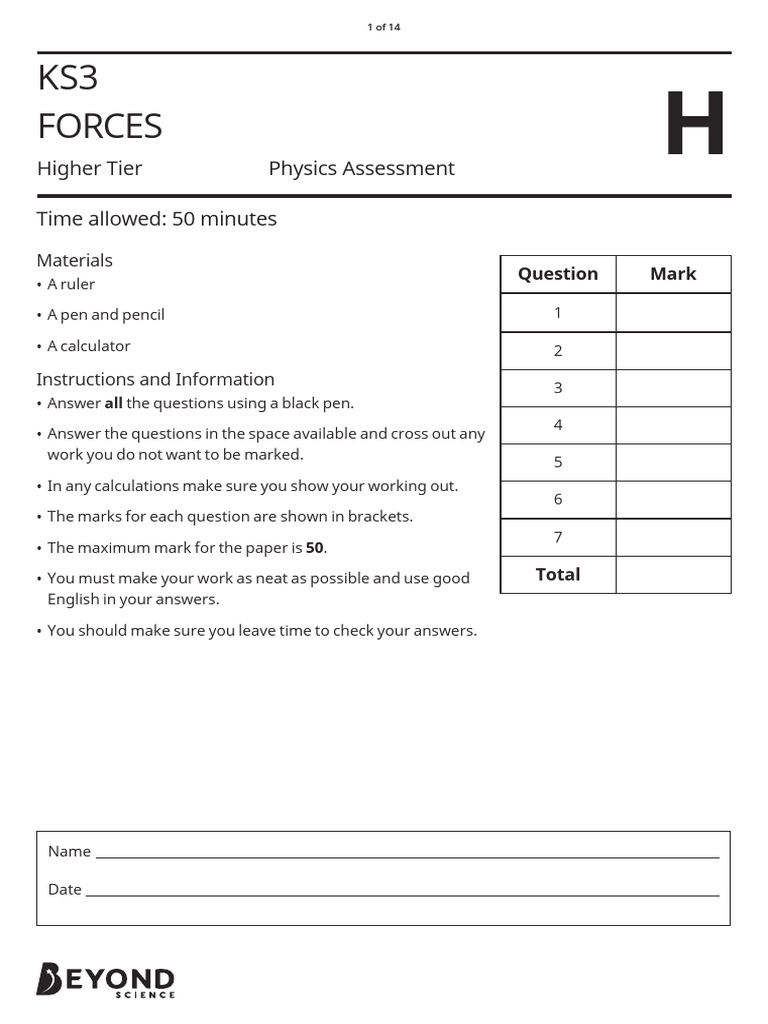 KS3 Physics Forces Assessment Paper | PDF