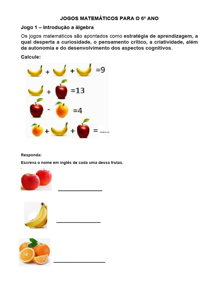 Jogos Matemáticos para o 6º Ano | PDF