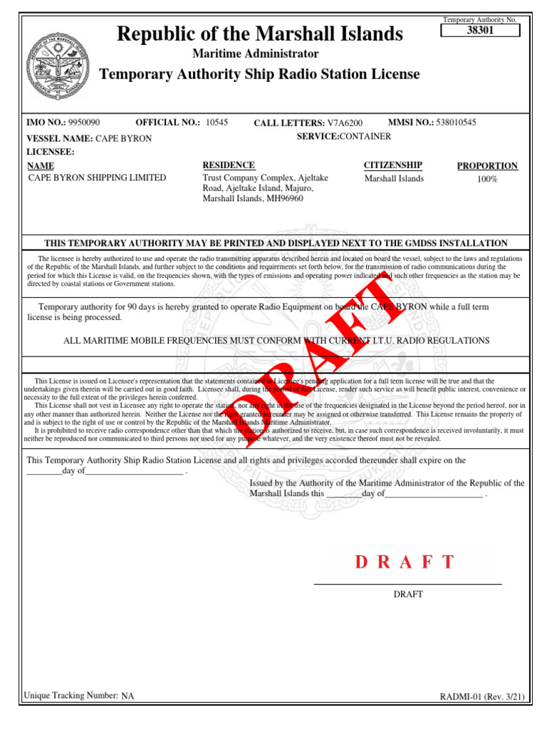 Temporary Authority Ship Radio License CAPE BYRON 08 SEP 2023 113159