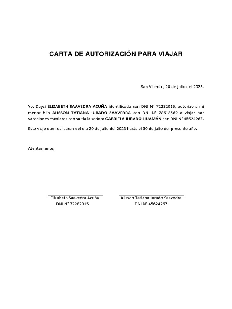 Carta De Autorización Para Viajar Con Abuelos Uneb
