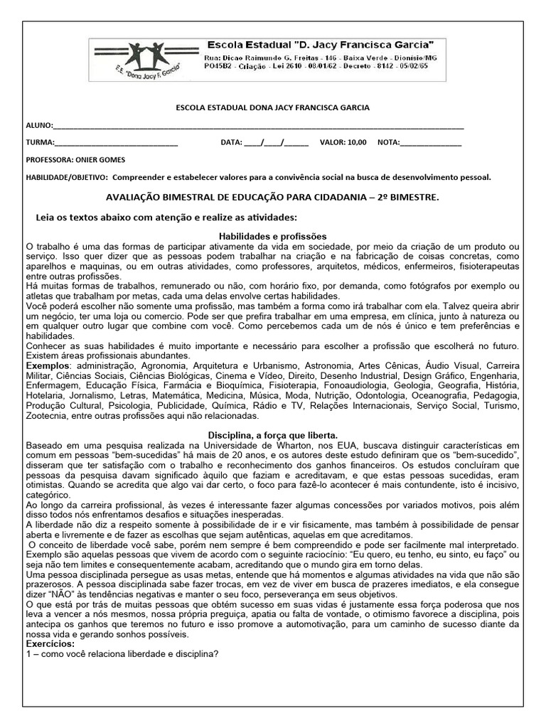 Avaliação de Projeto de Vida - 2º Bimestre | PDF | Liberdade | Pensamento