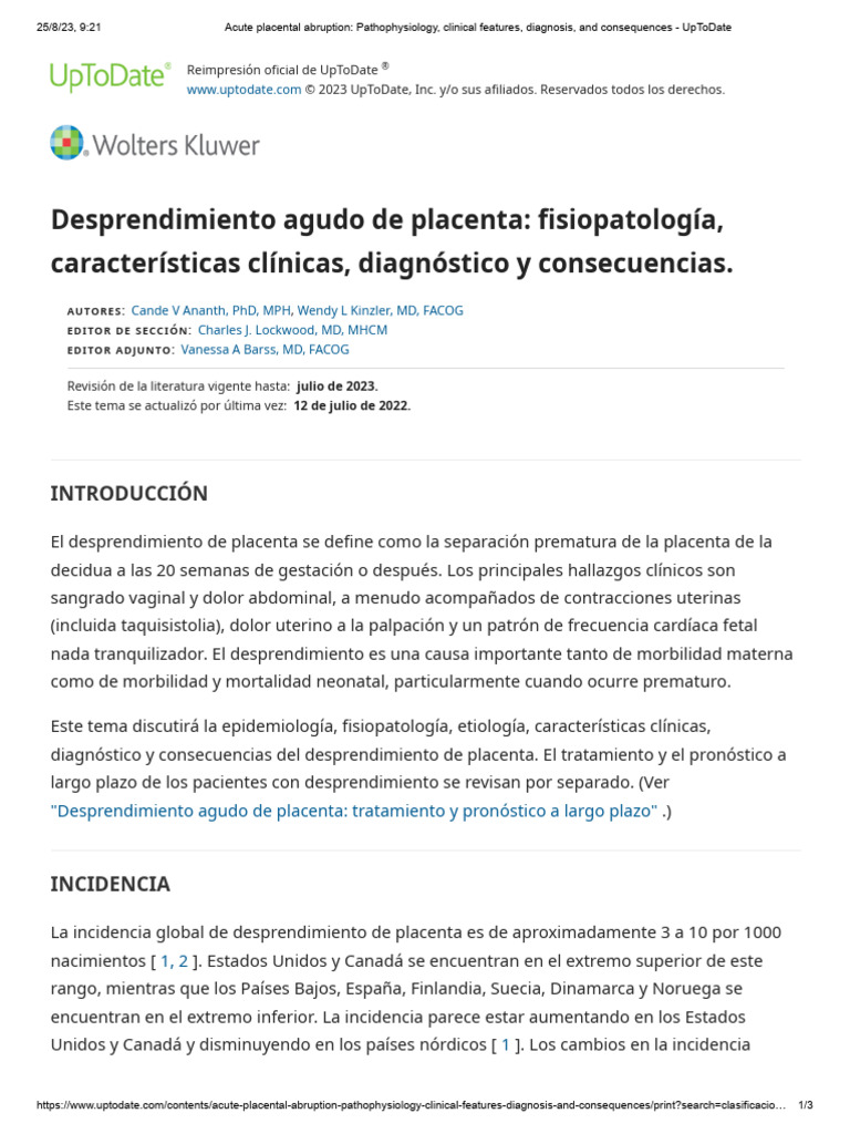 Acute Placental Abruption Pathophysiology Clinical Features