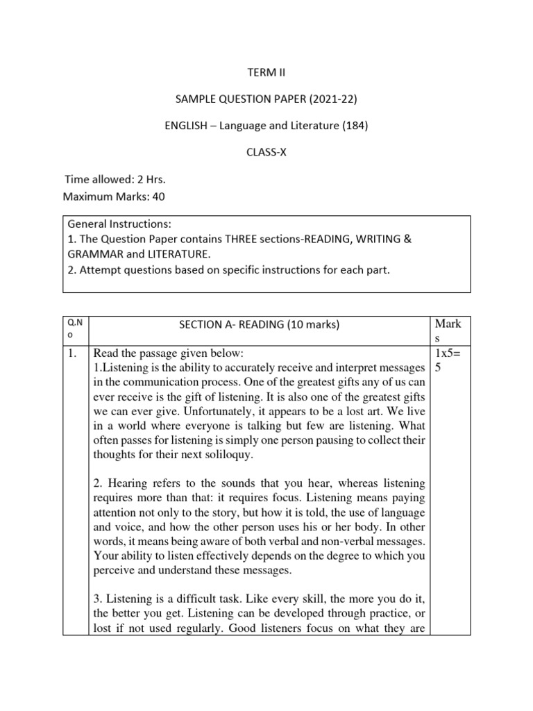 SET V Sample Paper English Class X Term II PDF