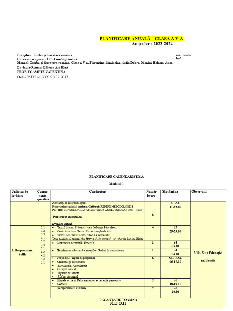 Planificare Romana Art 5 PDF