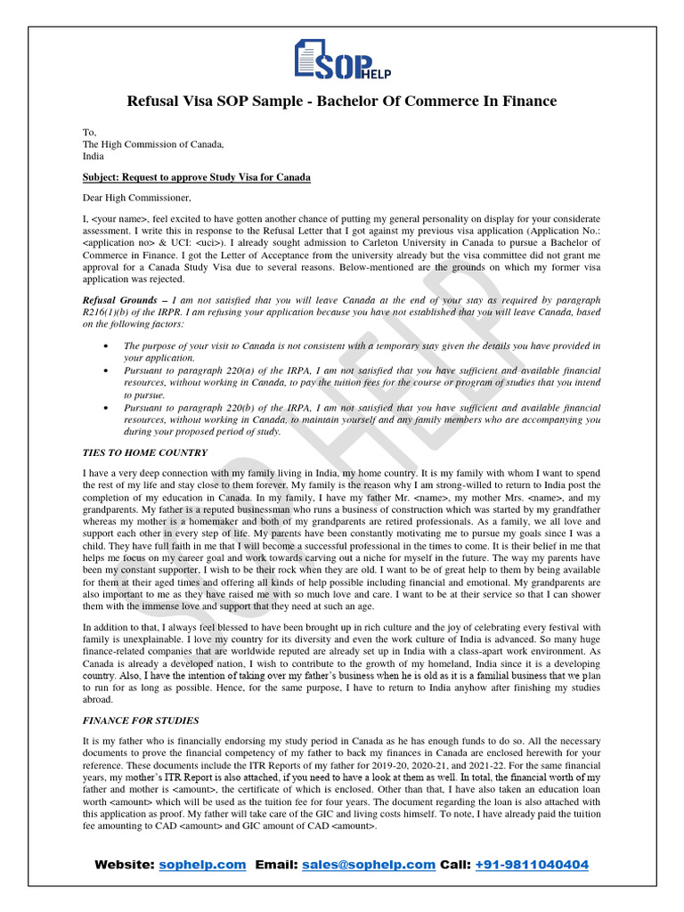Refusal Visa Sop Sample Bachelor Of Commerce In Finance Pdf Pdf