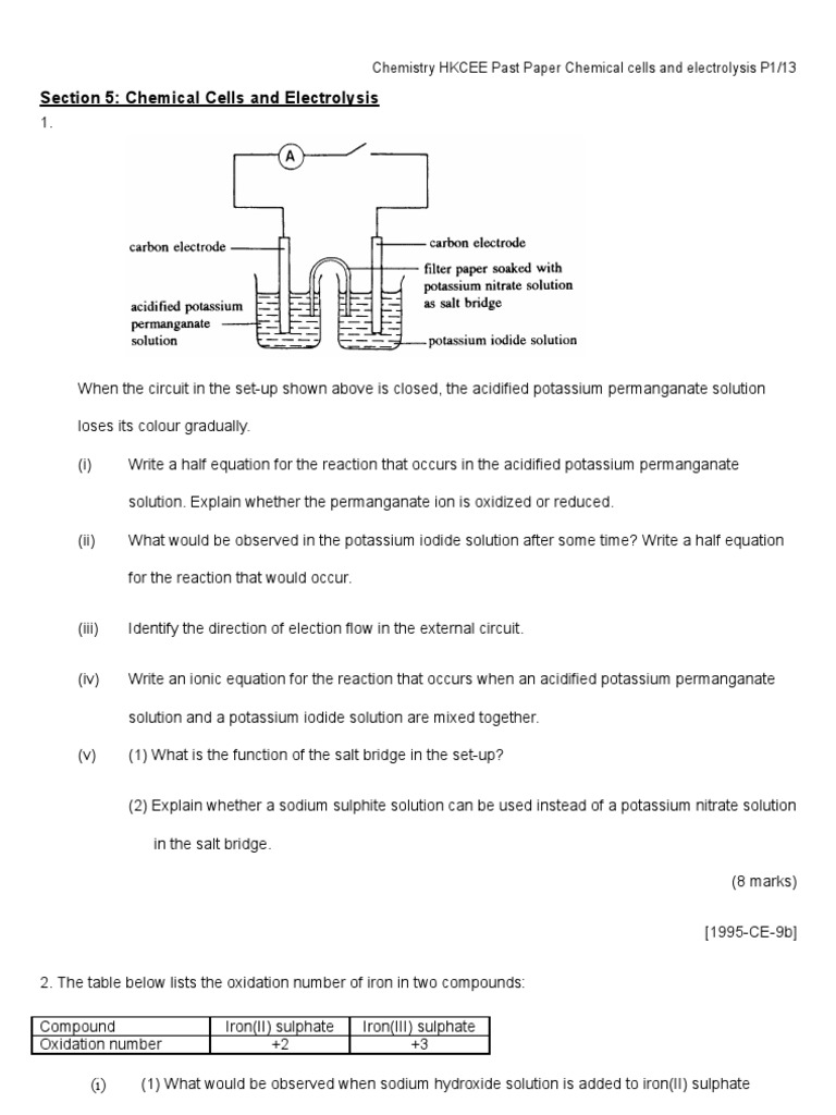 Past Paper Electrochemistry LQ PDF Redox Chemical Reactions