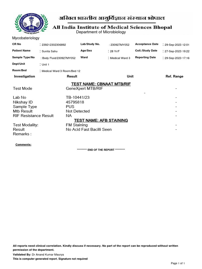 CBNAAT & AFB Staining Report | PDF