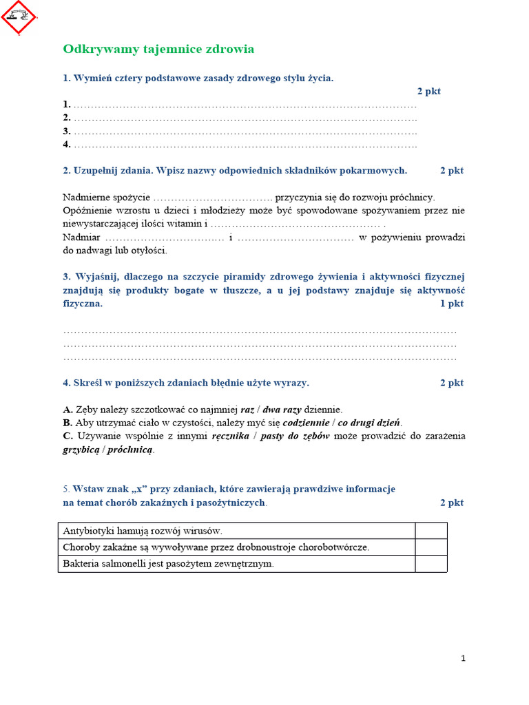 Sprawdzian Z Przyrody Klasa 4 Odkrywamy Tajemnice Zdrowia Sprawdzian kl.4 Tajemnice Zdrowia | PDF