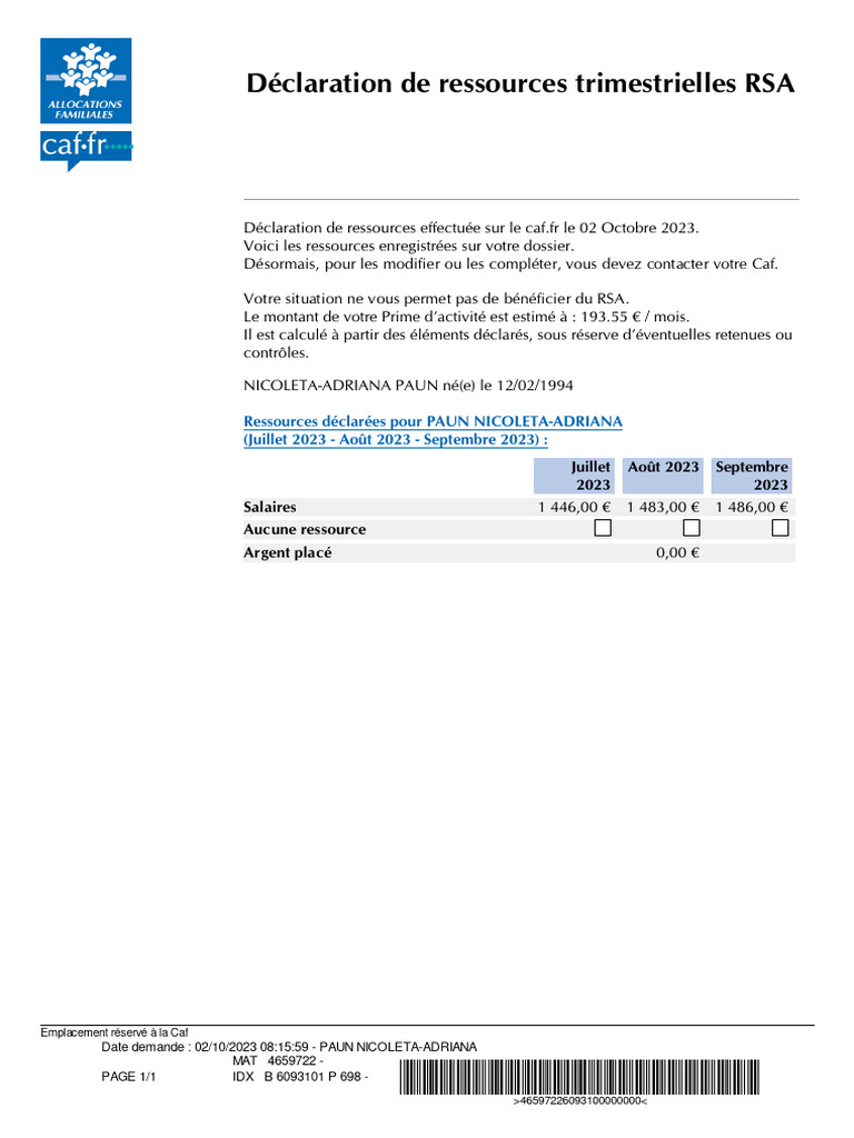 Déclaration de ressources trimestrielles RSA | PDF
