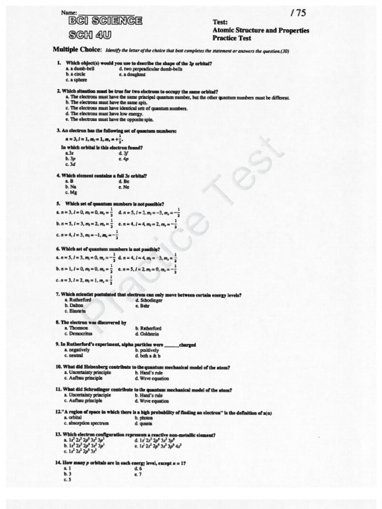 Atomic Structure Practice Test | PDF