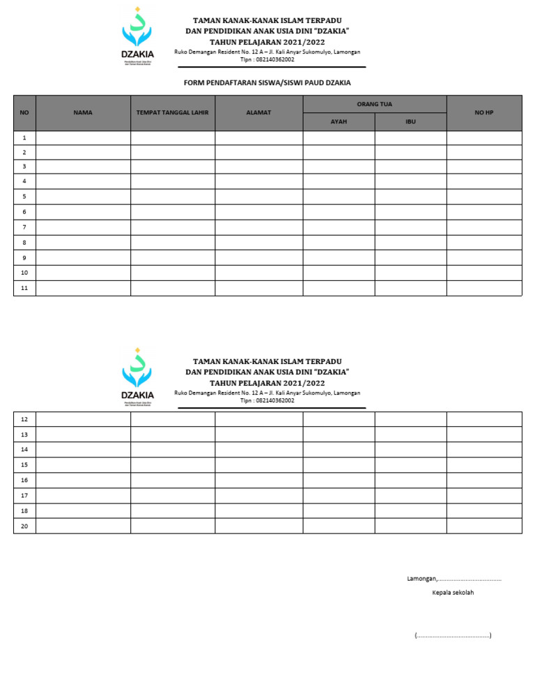 Form pendaftaran paud pdf