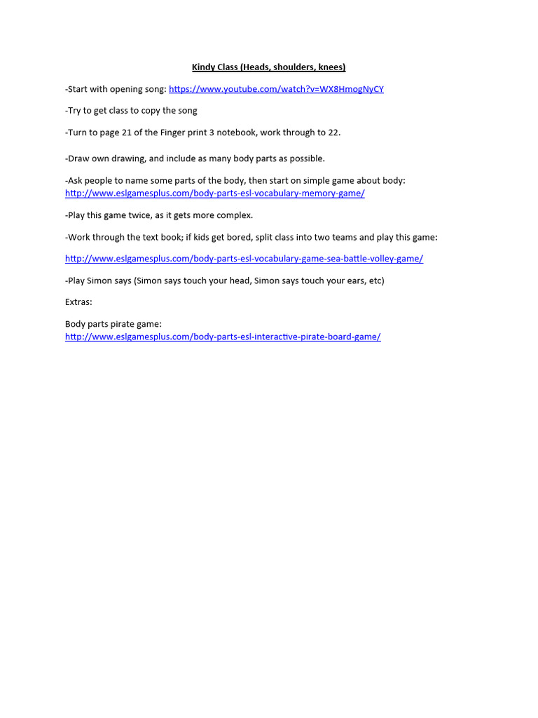 Kindergarten - Parts of The Body | PDF