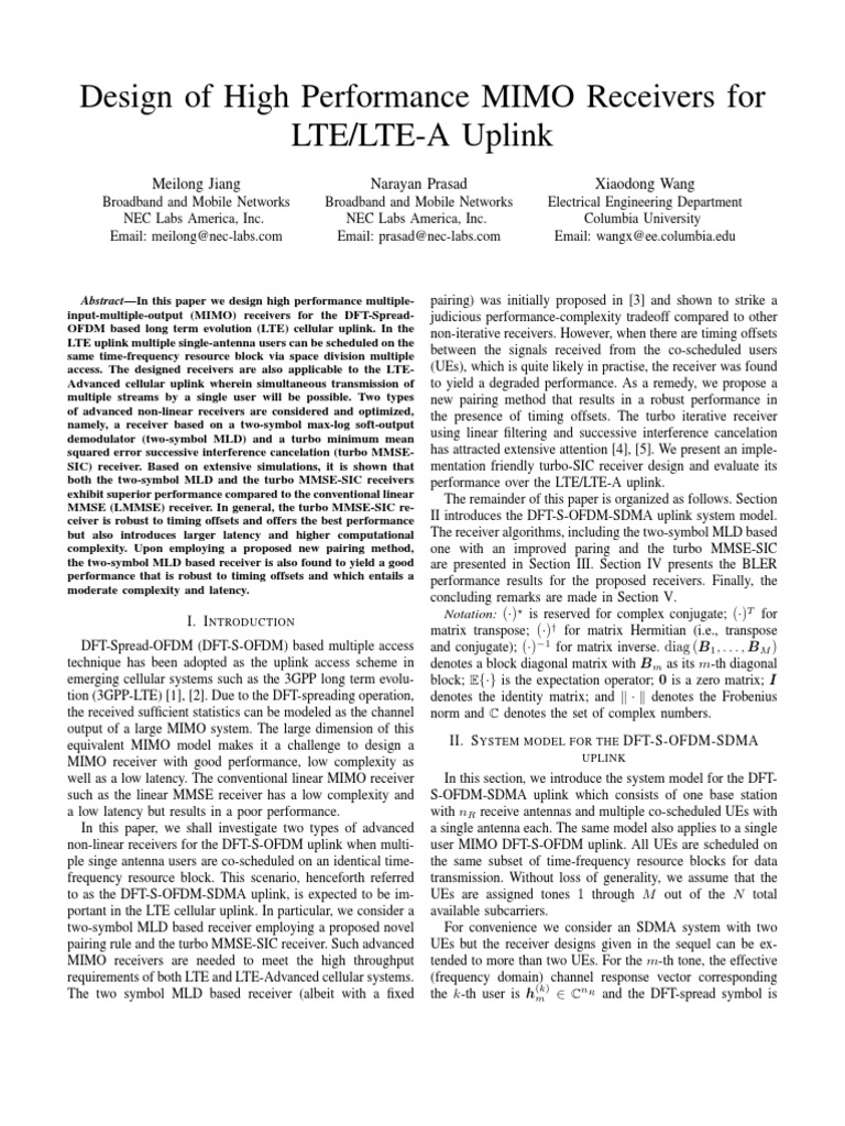 Design of High Performance MIMO Receivers For LTE/LTE-A Uplink | PDF ...