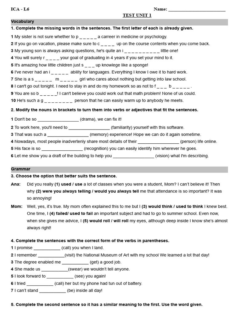 Vocabulary and Grammar Test Unit 1 | PDF | Cost Of Living | Subject ...
