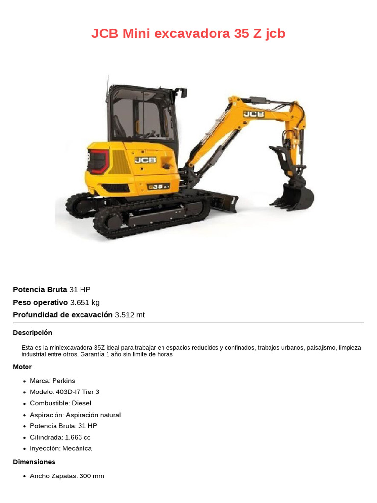 JCB 35Z: Mini Excavadora Especs y Usos | PDF