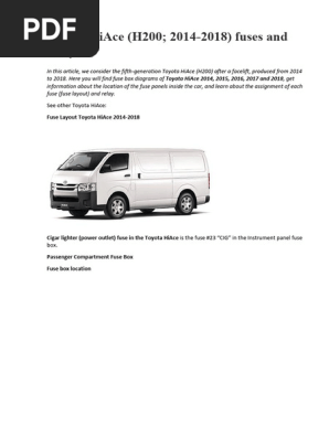 Diagrama de fusibles Toyota HiAce 2014-2018