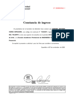 Constancia de Ingreso: El Presidente de La Comisión de Admisión Hace Constar Que GEREMY ANTONIO