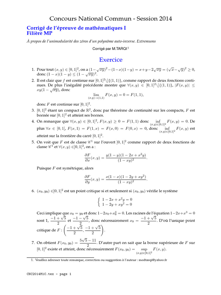 Corrigé CNC 2014 Mathématiques MP | PDF | Analyses | Concepts mathématiques