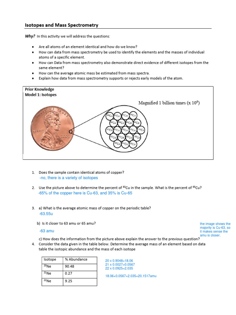 Isotopes and Mass Spectrometry Worksheet | PDF