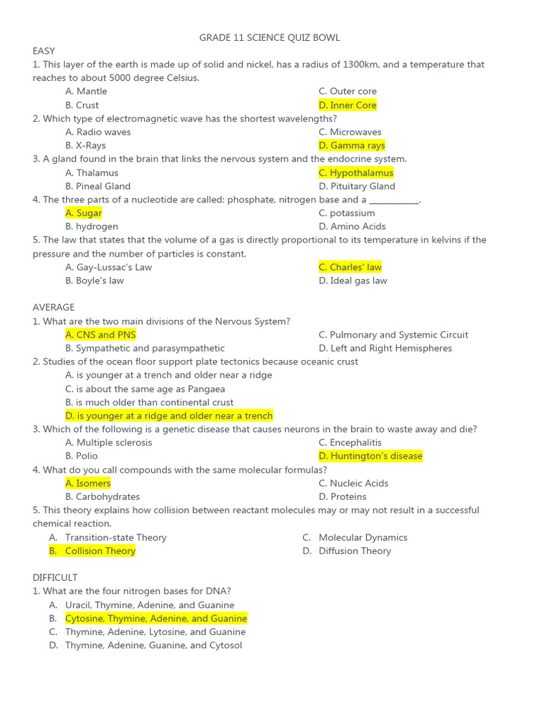 GRADE 11 SCIENCE QUIZ BOWL PDF