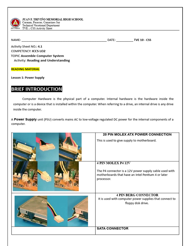 Activity Sheet 4.1 - Assemble Computer System | PDF