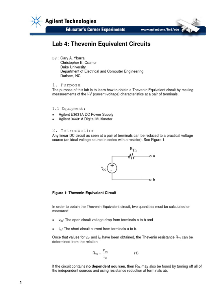 Thevenin Equivalent Circuit Lab Guide | PDF | Electrical Network | Resistor