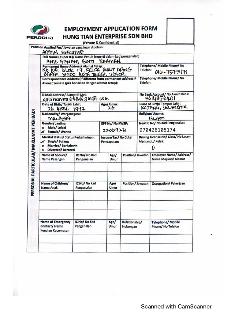 Employment Application Form - Anis Hanan | PDF