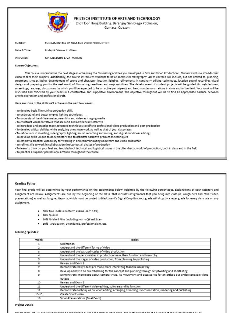 Syllabus For Fundamentals of Film and Video Production PDF