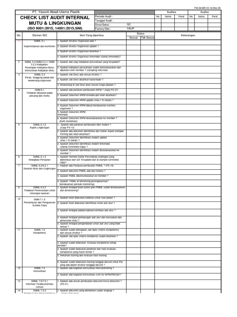 Checklist Audit Internal ISO 9001 & 14001 | PDF