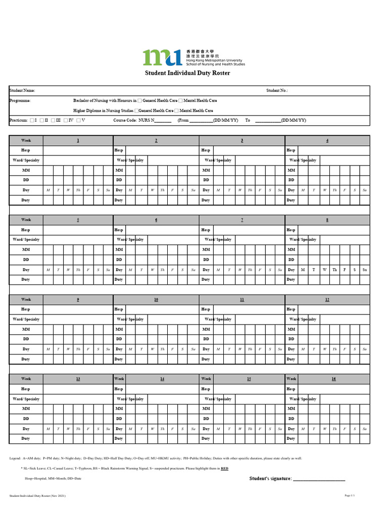 Individual Duty Roster Template 2021 PDF