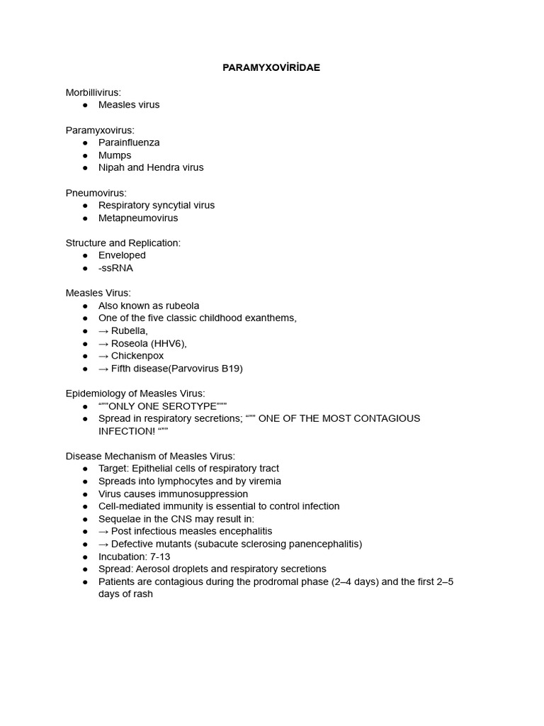 PARAMYXOVIRIDAE | PDF | Measles | Infection