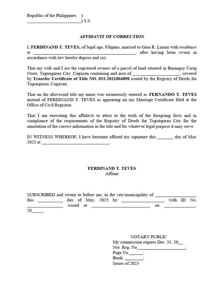 Affidavit of Correction for Title Error | PDF