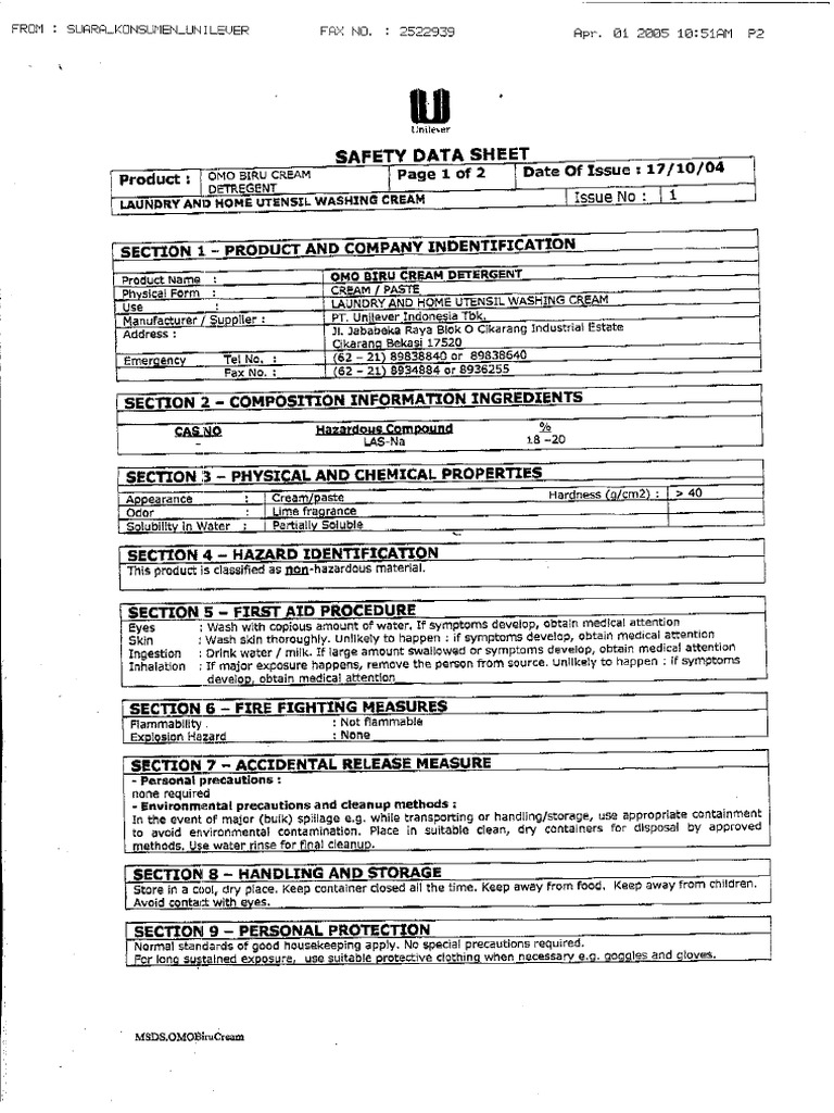 MSDS Cream Detergent PDF