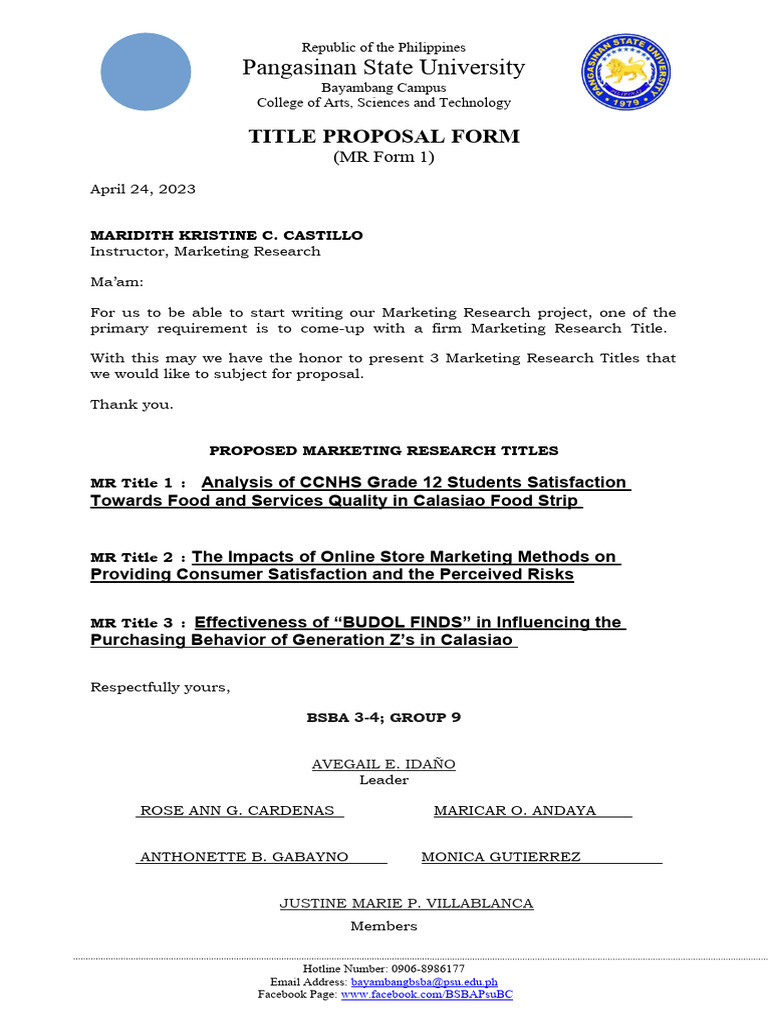Marketing Research Title Proposals | PDF | Career & Growth