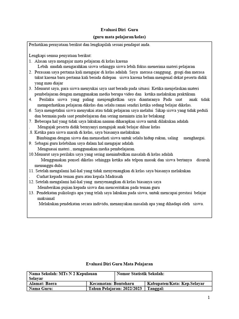 Evaluasi Diri Guru: Kinerja dan Pengembangan | PDF | Karier & Perkembangan