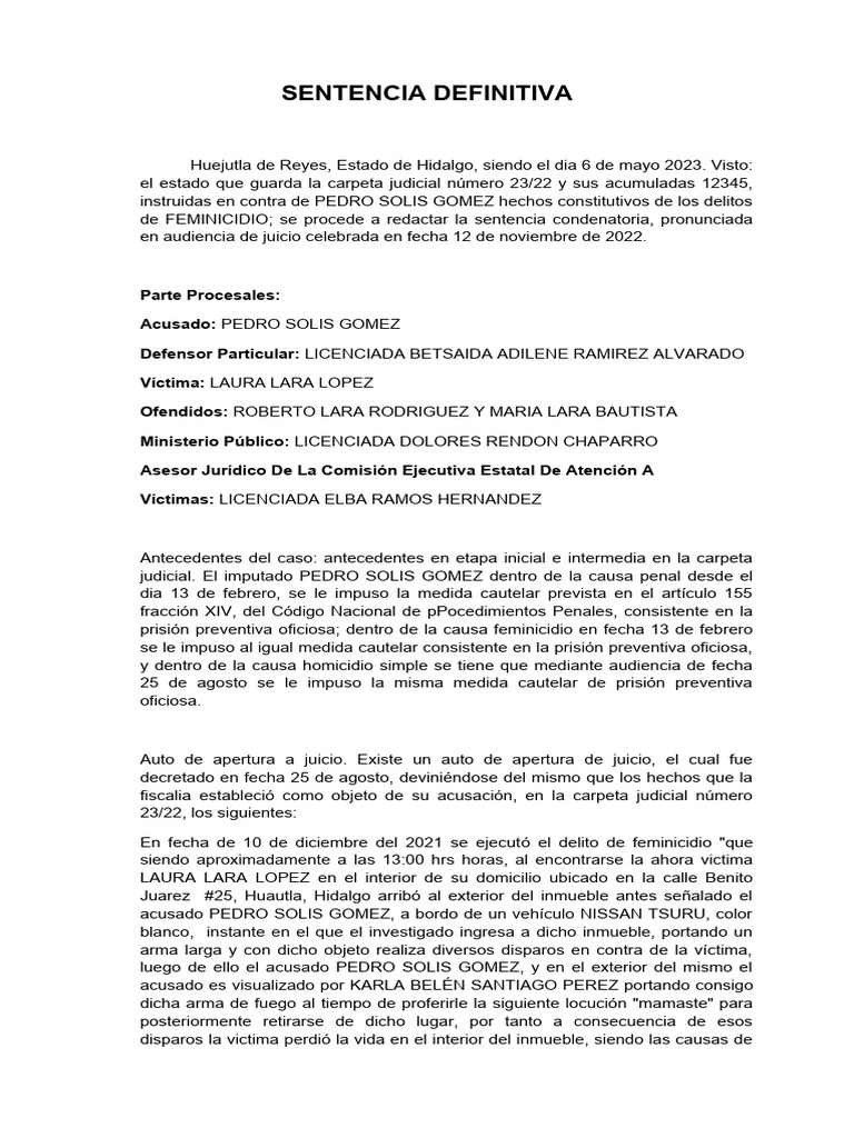 Sentencia Definitiva Feminicidio Laura Lara Lopez | PDF