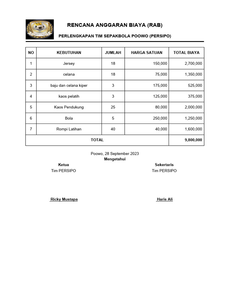 RAB Perlengkapan Tim Sepak Bola PERSIPO | PDF
