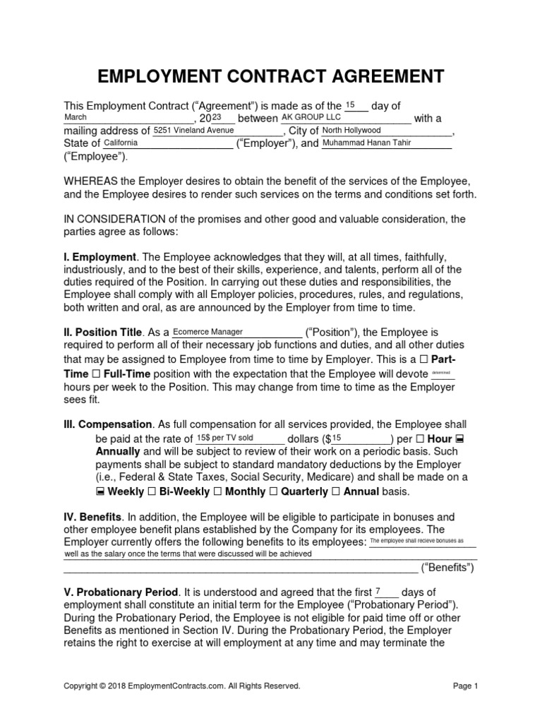 Employment Contract Agreement PDF Employment Business Law