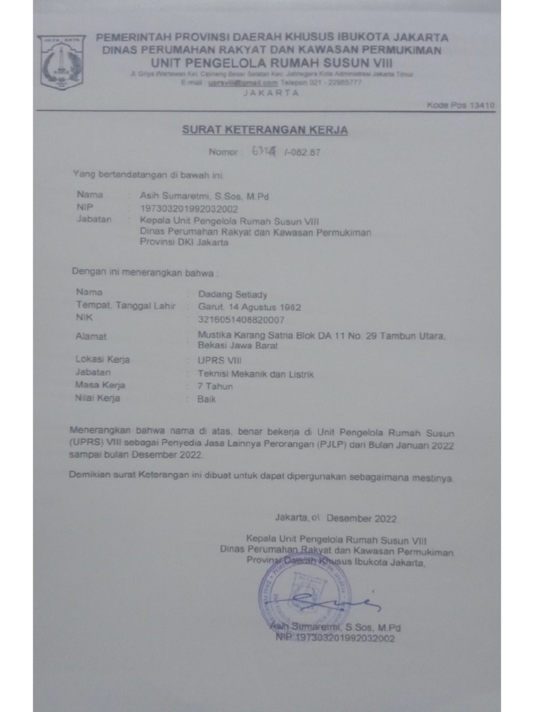 Surat Keterangan Kerja Dadang | PDF