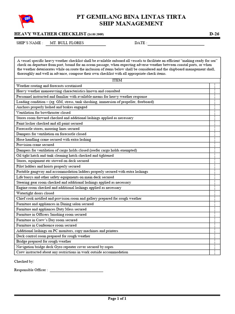 D - 26 Heavy Weather Checklist | PDF